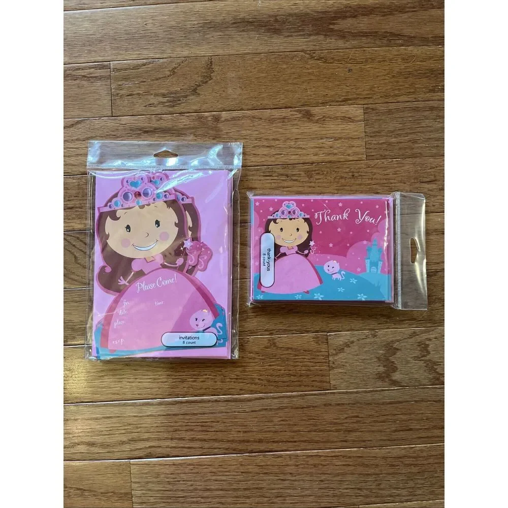NEW American Greetings Pink Princess Crown Cat Invitations Thank You Cards 8 Ct